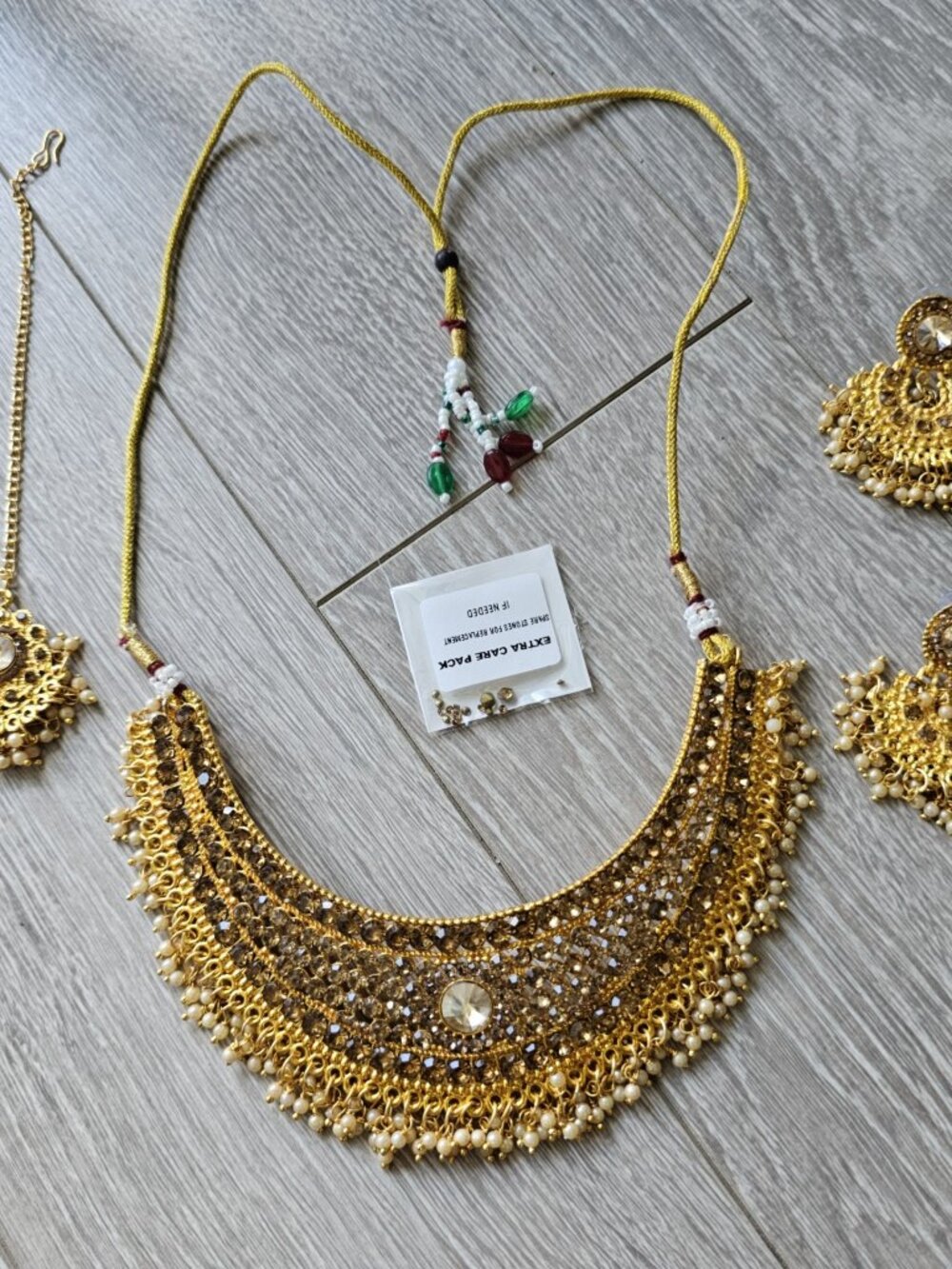 Gold imitation pearl Necklace Kundan polki set stud tikka indian wedding necklac